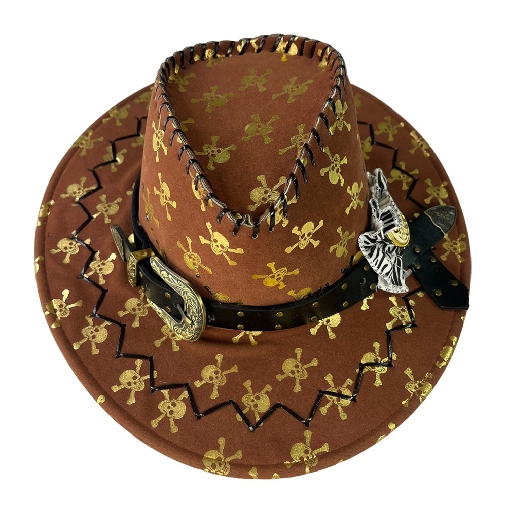 Brown‎ Felt Skull and Bone Western Cowboy Hat - Picture 6 of 12